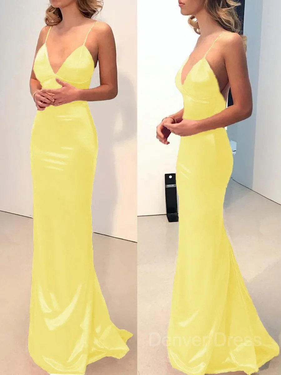 Sheath V-neck Sweep Train Elastic Woven Satin Prom Dresses